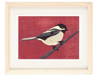 BLACK CAPPED CHICKADEE Poster Size Linocut Reproduction Art Print: 8 x 10, 9 x 12, 11 x 14, 12 x 16