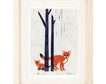 FOXES Linocut Reproduction Art Print: 4 x 6, 5 x 7