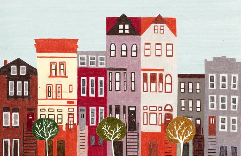 BROOKLYN, NEW YORK 5 x 7 Colorful Illustration Art Print, Red, Brown, Wall Decor image 2