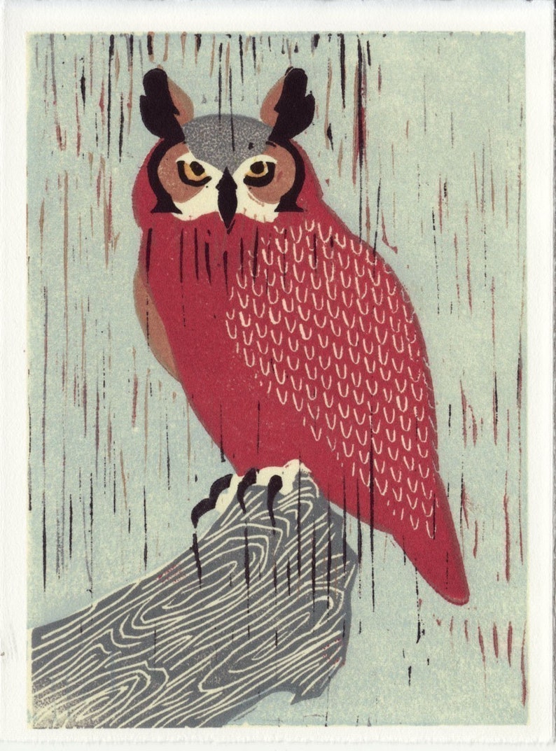 GREAT HORNED OWL Linocut Reproduction Art Print: 4 x 6, 5 x 7 image 2