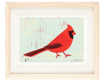 CARDINAL Poster Size Linocut Reproduction Art Print: 8 x 10, 9 x 12, 11 x 14, 12 x 16