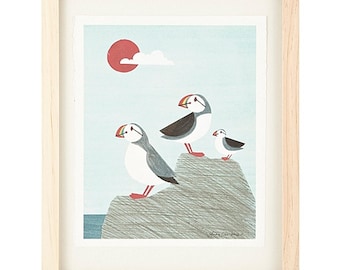 Puffin Family Light Blue and Sun Illustration Archival Art Print for Any Wall, Nursery, Children's Bedroom: Boy or Girl