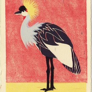 AFRICAN CROWNED CRANE - Original Linocut Bird Art Print 5 x 7 para decoración de pared, tropical, rojo, amarillo, gris, negro