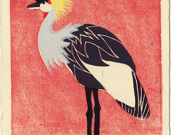 AFRICAN CROWNED CRANE - Original Hand-Pulled Linocut Bird Art Print 5 x 7 For Wall Decor,Tropical, Red, Yellow, Gray, Black