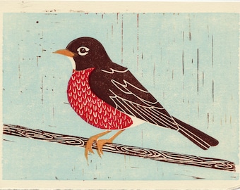 AMERICAN ROBIN - Original Hand-Pulled Linocut Block Art Print 5 x 7, Red, Brown, Nature, Yellow