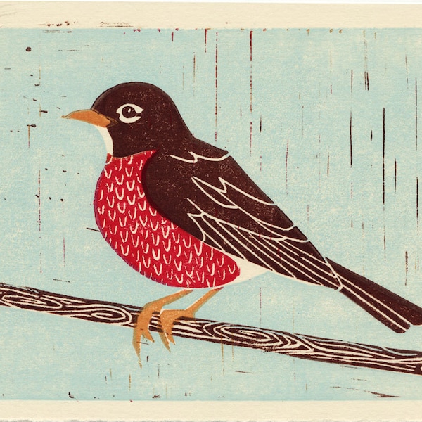 AMERICAN ROBIN - Original Hand-Pulled Linocut Block Kunstdruck 5 x 7, rot, braun, Natur, gelb