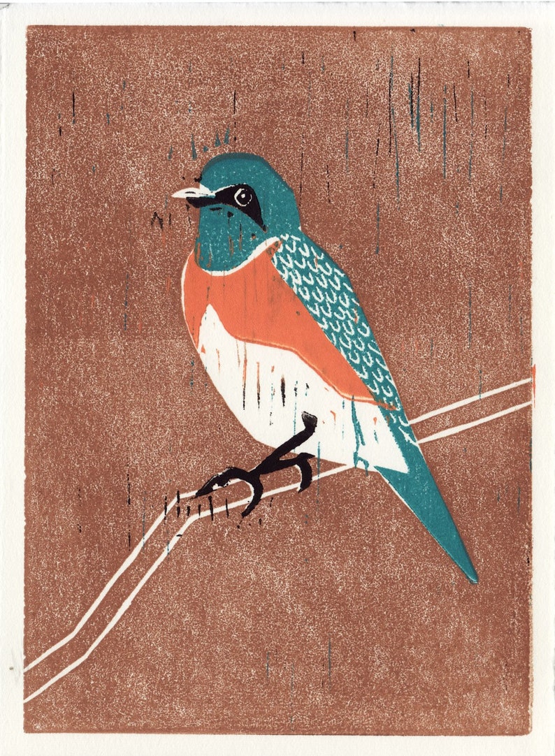 WESTERN BLUEBIRD Original Hand-Pulled Hand Carved Linocut Wood Block Print 5 x 7, Blue, Orange, Black, Brown, Branch image 1
