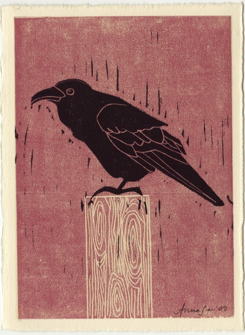 COMMON RAVEN Poster Size Reproduction Linocut Art Print: 8 x 10, 9 x 12, 11 x 14, 12 x 16 image 2