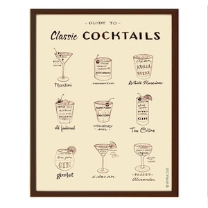 Mens kerstcadeau idee, klassieke cocktails gids, jaren 1960 dranken, halverwege de eeuw moderne, illustratie Art Print, vintage stijl, alcohol Bar kunst