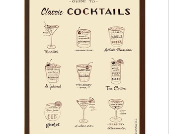 Mens Christmas Gift Idea, Classic Cocktails Guide, 1960s Drinks, Mid Century Modern, Illustration Art Print, Vintage Style, Alcohol Bar Art