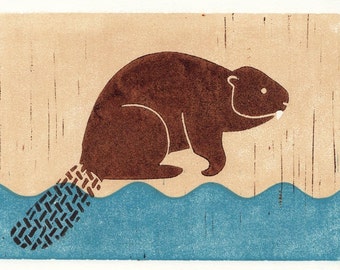 BEAVER - Original Hand-Pulled Linocut Block Art Print, Brown, Blue, Wall Decor