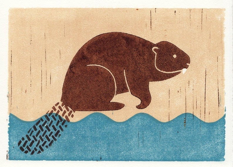 BEAVER Original Hand-Pulled Linocut Block Art Print, Brown, Blue, Wall Decor image 1