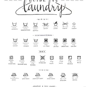 Laundry Care Guide, Laundry Symbols Chart, Calligraphy Art, Housewarming Gift, Black and White, Illustration Print, Mom Gift, Laundry Room