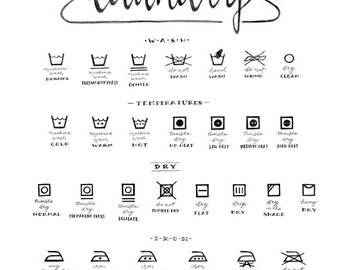 Laundry Care Guide, Laundry Symbols Chart, Calligraphy Art, Housewarming Gift, Black and White, Illustration Print, Mom Gift, Laundry Room