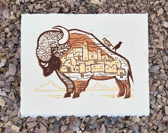 Buffalo Linocut Print,  "Where the Buffalo Roam" with Bird, Bison Hand-Carved Block Art Print, Southwest Style, Adobe Dwellings, Pueblo