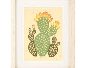 DESERT FIRE CACTUS Flowers, Desert Orange and Yellow Flowers Large Size Linocut Reproduction Art Print: 8 x 10, 9 x 12, 11 x 14, 12 x 16