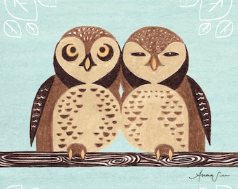 SPOTTED OWLS - Owling Buddies Cute Children's Room, Art Illustration Print, Brown and Blue: 4 x 6 ou 5 x 7