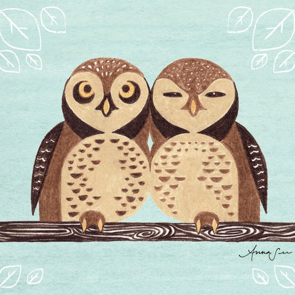 SPOTTED OWLS - Owling Buddies Cute Children's Room, Nursery, Boy or Girl, Art Illustration Print, Brown and Blue