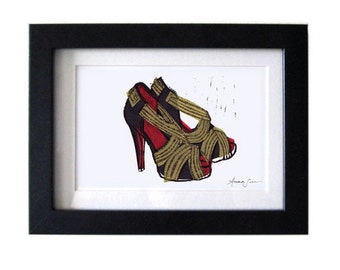 Christian Louboutin Josefa Shoes Linocut Hand-Pulled Art Print: 5 x 7