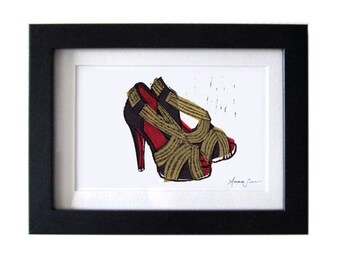 Christian Louboutin Josefa zapatos Linograbado impresión de arte tirado a mano: 5 x 7