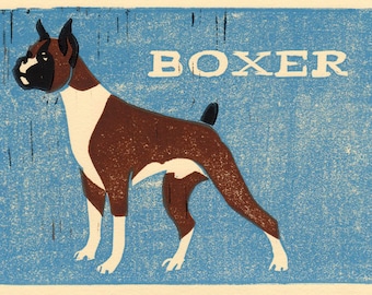 Boxer Dog, Linocut Print, Illustration Art, 5 x 7, brown, blue, cream, pet