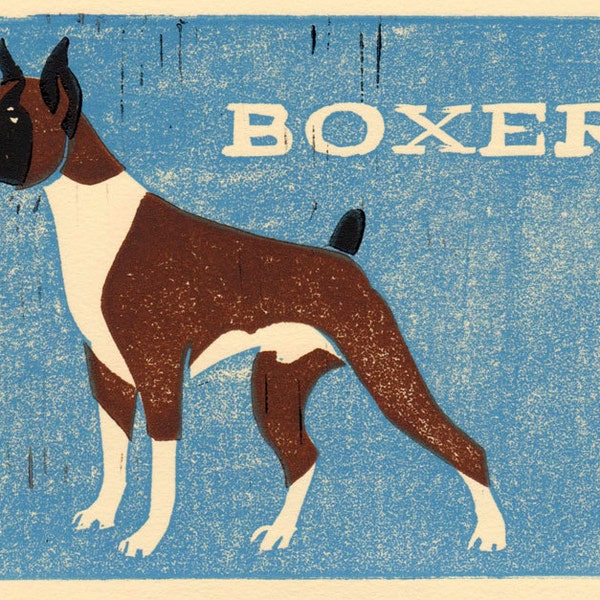 Boxer Dog, Linocut Print, Illustration Art, 5 x 7, brown, blue, cream, pet