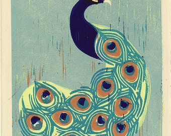 INDIAN PEACOCK -  Original Colorful Hand-Pulled Linocut Illustration Art Print For Room and Wall Decor, Blue, Green, Aqua, 5 x 7