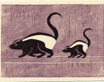 SKUNKS - Original handgeschnitzte Linolschnitt Block Kunstdruck, Wald Kreaturen, schwarz und weiß, 5 x 7