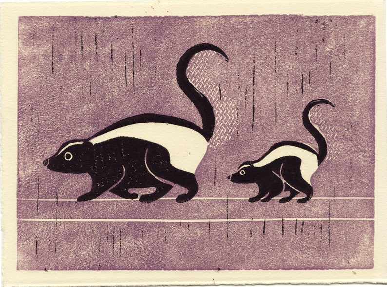 SKUNKS Original Hand-Carved Linocut Block Art Print, Woodland Creatures, Black And White, 5 x 7 image 1