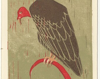 TURKEY VULTURE - Original Hand-Pulled Linocut Block Art Print 5 x 7, Brown, Red, Room Decor