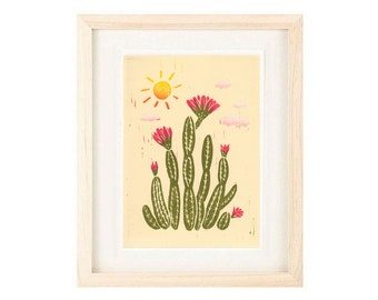 Pink Flowers BLOOMING CACTUS Art Print: 4 x 6, 5 x 7,  Linocut Reproduction Giclee, Wall Art, Home Decor, Desert Boho Style Art, Trendy Art