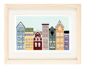 HELSINKI, FINLAND - Illustration Fine Art Print Of Colorful Buildings And Row Houses For Wall Decor 11 x 17, Scandinavian Architecture