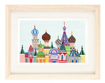MOSCOW, RUSSIA - Russian Architecture 8 x 10 or 11 x 17 Colorful Illustration Art Print For Home, Cathedral, Red Square Buildings