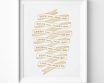 Typography Print in Gold on White Dream More Complain Less, Inspirational Quote, Housewarming Gift