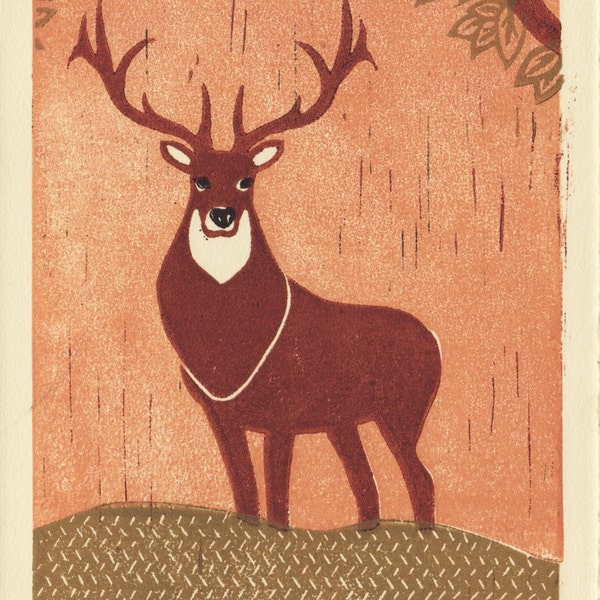 ELK - Original Hand Pulled Linocut Illustration Art Print 5 x 7, Woodland, Brown, Antlers, Rustic