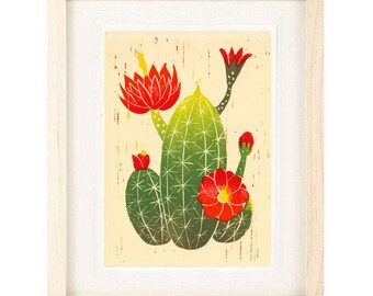 CLARET CUP CACTUS Flowers, Red and Yellow Desert Wildflowers Large Size Linocut Reproduction Art Print: 8 x 10, 9 x 12, 11 x 14, 12 x 16