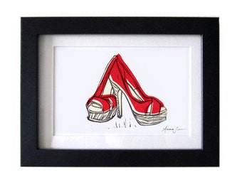 Christian Louboutin Platform Peep Toe Shoes Original Linocut Hand-Pulled Block Print Red 5 x 7