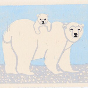 Eisbären von Hand geschnitzt Linolschnitt Illustration Kunstdruck 5 x 7 Winter, blau, weiß