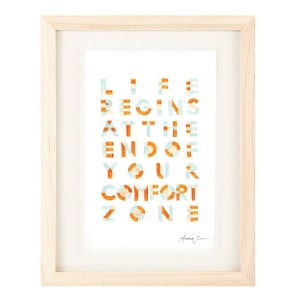 Life Begins At the End of Your Comfort Zone Handwritten Typography Inspirational Quote Oversized Poster, orange, blue, cream image 1