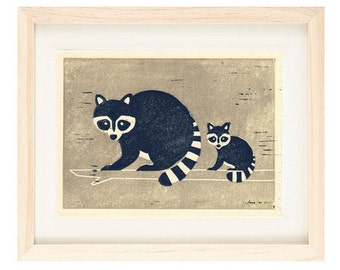 RACCOONS Linocut Reproduction Art Print: 4 x 6, 5 x 7