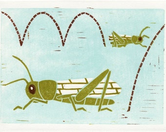 GRASSHOPPERS - Original Linocut Hand Pulled Block Art Print 5 x 7, Green, Insects, Nature