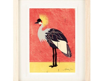 AFRICAN CROWNED CRANE Poster Size Linocut Reproduction Art Print: 8 x 10, 9 x 12, 11 x 14, 12 x 16