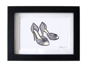 Manolo Blahnik D'Orsay Shoes Linocut Block Print: 5 x 7