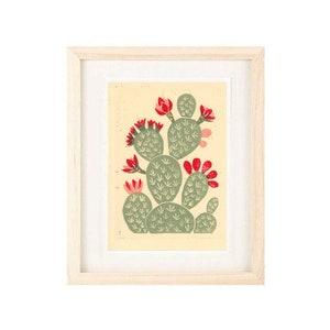 Pink PRICKLY PEAR CACTUS Art Print: 4 x 6, 5 x 7,  Linocut Reproduction Giclee, Wall Art, Home Decor, Desert Boho Style Art, Southwest