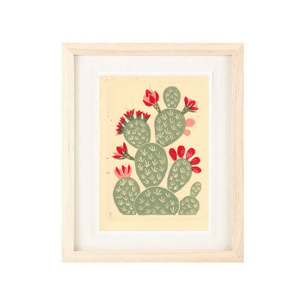 Impresión artística de cactus de tuna rosa: 4 x 6, 5 x 7, reproducción en linograbado Giclée, arte de pared, decoración del hogar, arte de estilo boho del desierto, suroeste