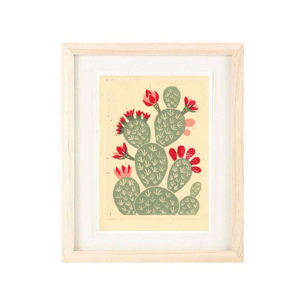 Pink PRICKLY PEAR CACTUS Art Print: 4 x 6, 5 x 7, Linocut Reproduction Giclee, Wall Art, Home Decor, Desert Boho Style Art, Southwest