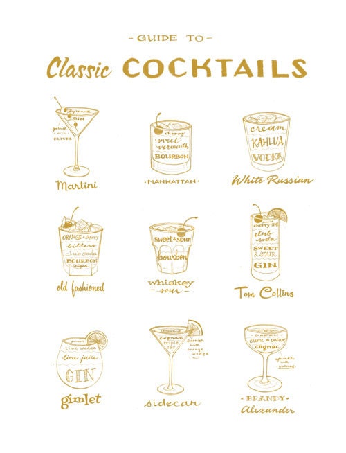 Gold and White Classic Cocktails Guide, Drinks Recipes, Mad Men