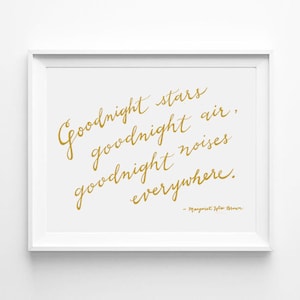 Boa noite lua, boa noite estrelas, boa noite ar, boa noite ruídos em todos os lugares, arte de berçário, caligrafia, tipografia impressão de pôster, arte de citação