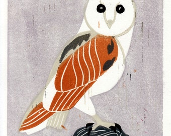 BARN OWL - Original Hand-Pulled Linocut Art Illustration Block Print 5 x 7, Mustard, Lavender, Lilac, Grey, Nature, Wall Decor