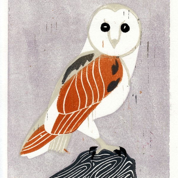 BARN OWL - Original Hand-Pulled Linocut Art Illustration Block Print 5 x 7, Mustard, Lavender, Lilac, Grey, Nature, Wall Decor